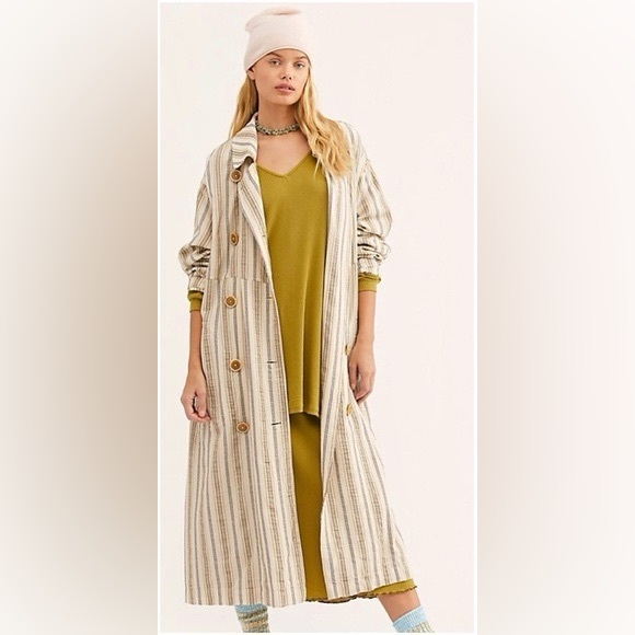 FREE PEOPLE Sweet Melody Striped Trench Coat in Beige